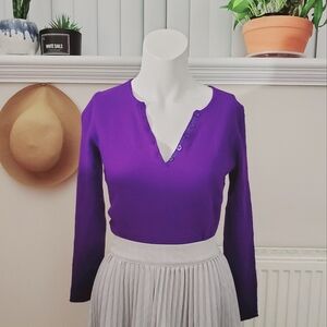Ellen Tracy 100٪ Extra Fine Merino Wool Deep Purple Knit V neck Sweater (XS fit)